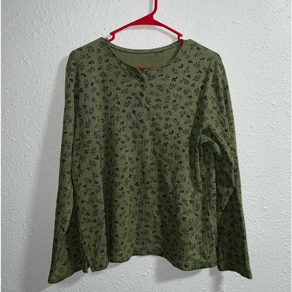 long sleeve green flower pattern blouse